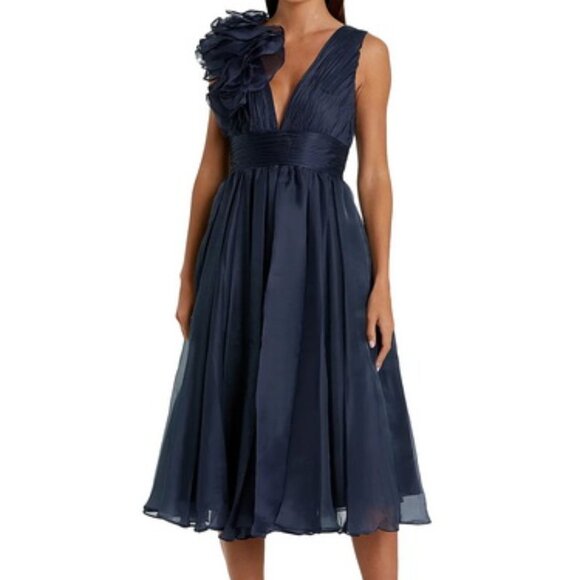 Mac Duggal Midnight Blue Sleeveless Chiffon Midi Cocktail Dress